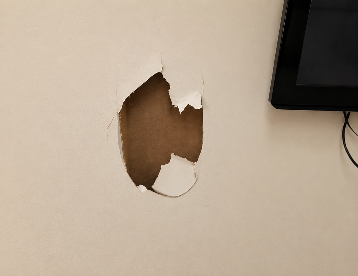 Before: a jagged hole broken through the drywall with torn paper facing, on the wall beside a mounted television.