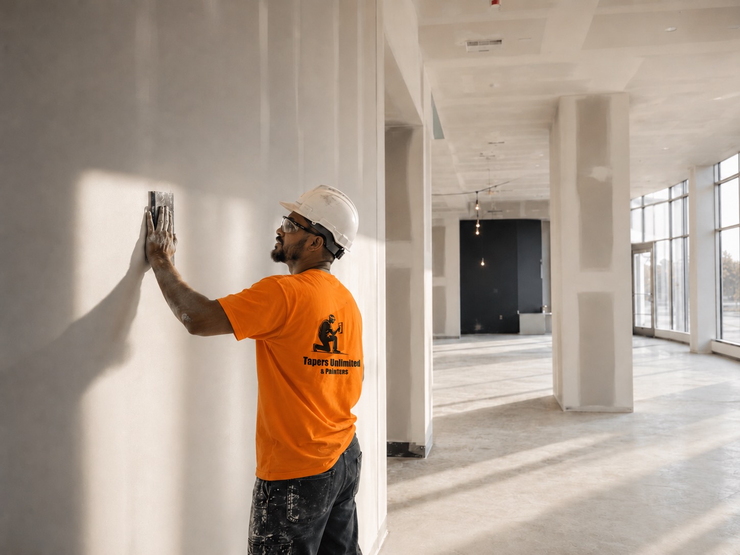 A Tapers Unlimited & Painters crew member in a branded orange shirt, hard hat, and safety glasses hand-sanding a drywall seam in a sunlit commercial floor plate.