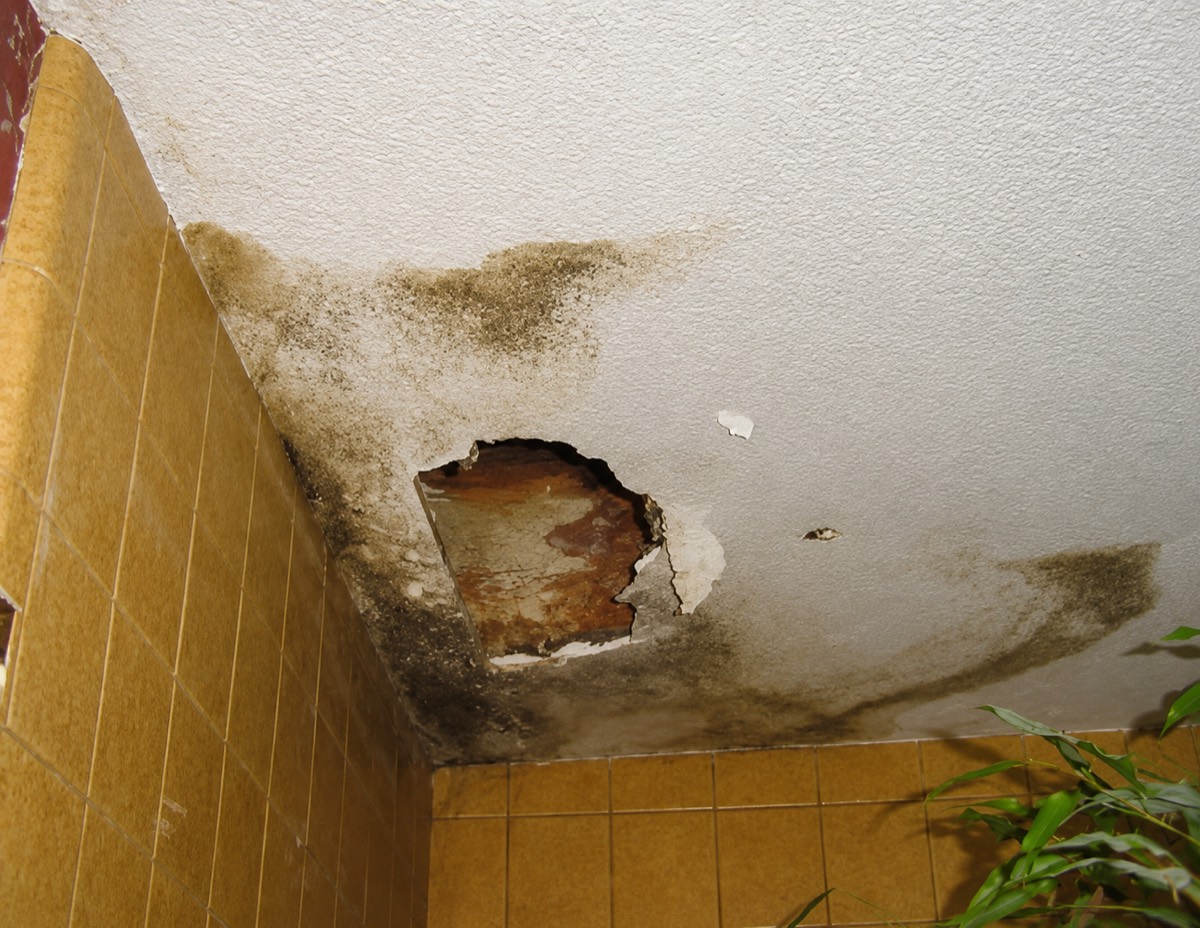 A ceiling with water damage, staining, and a hole where the drywall has failed, before restoration.